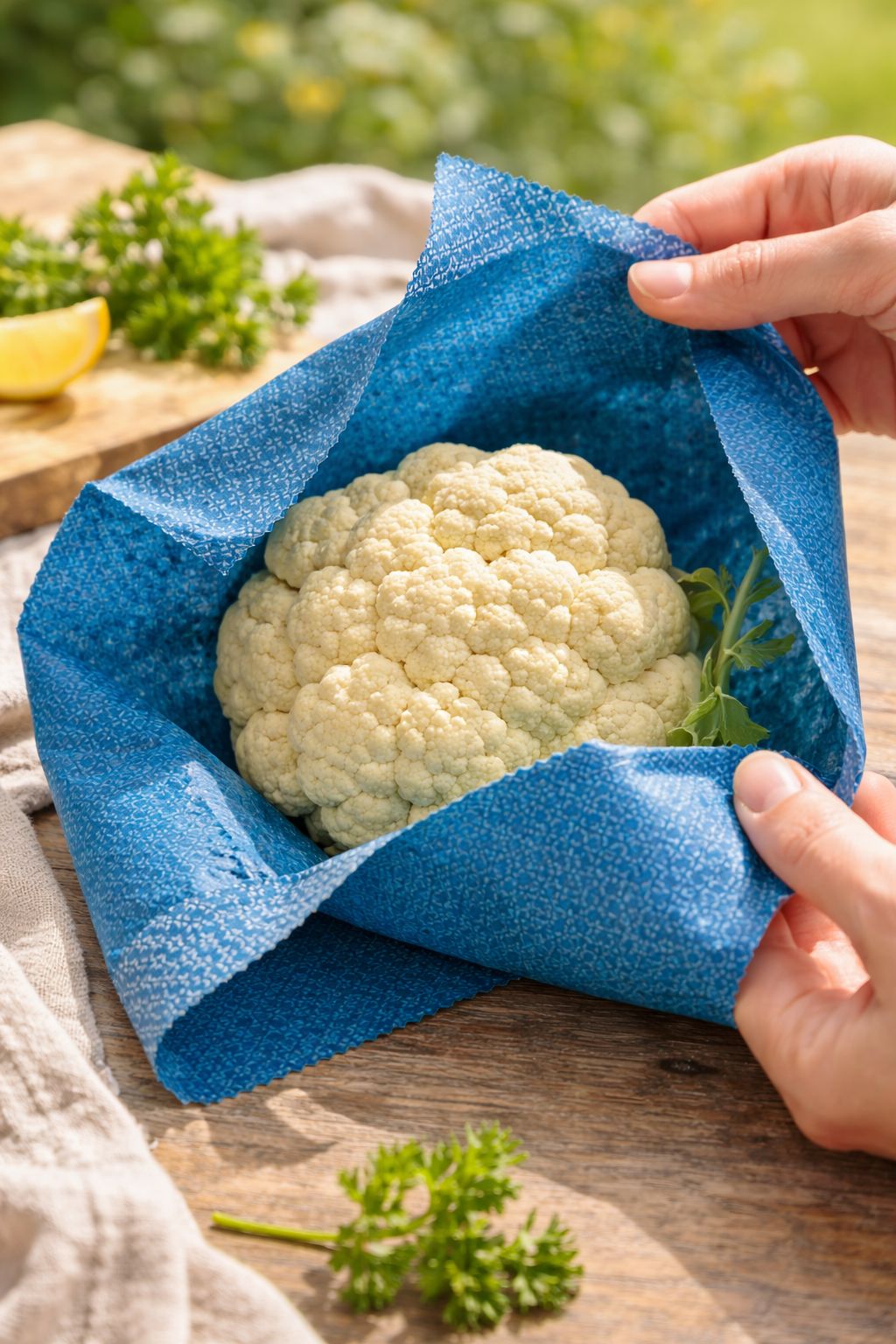 Hands wrapping a fresh cauliflower in a blue beeswax food wrap
