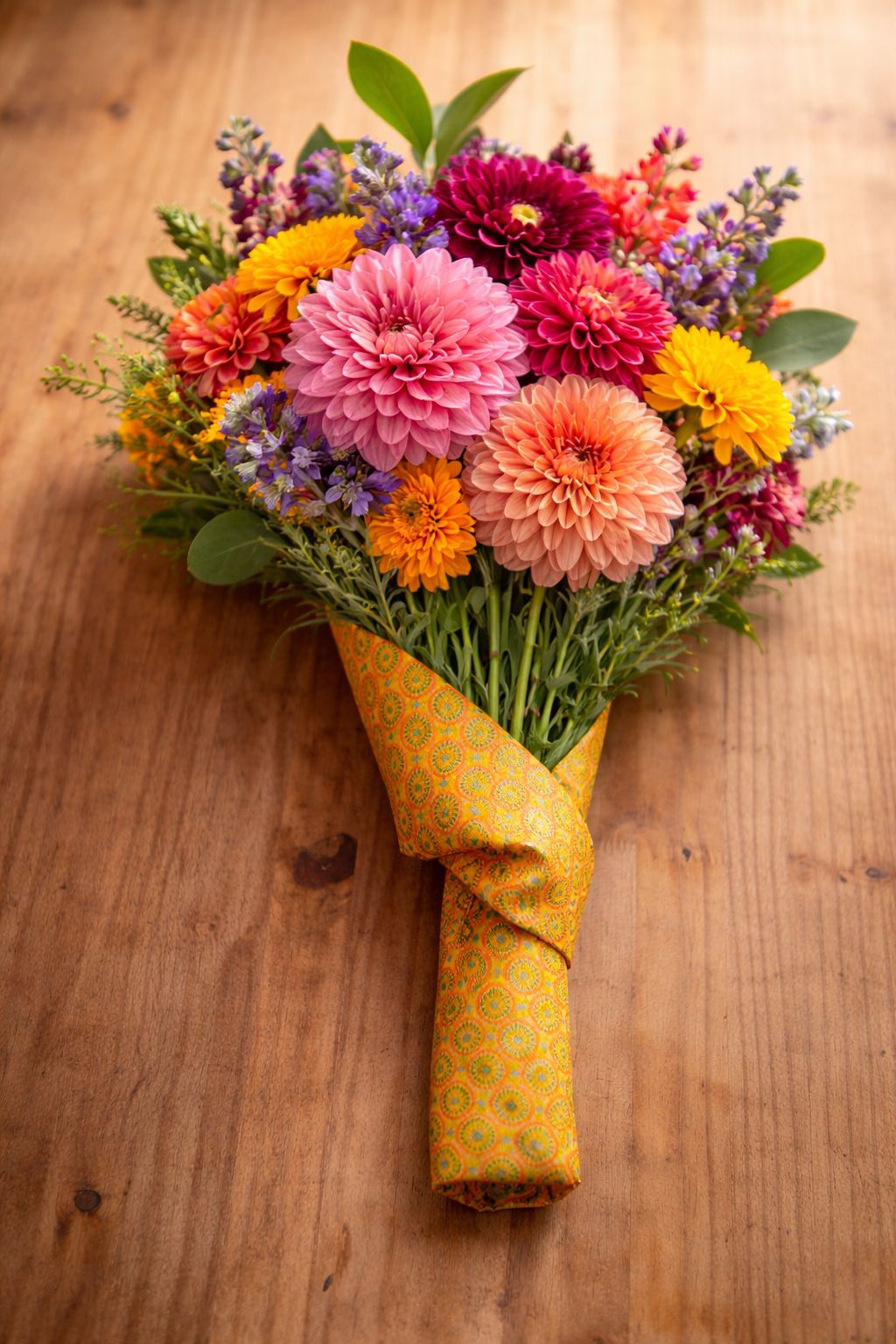 A colourful flower bouquet beautifully wrapped in a yellow Moekie's beeswax food wrap