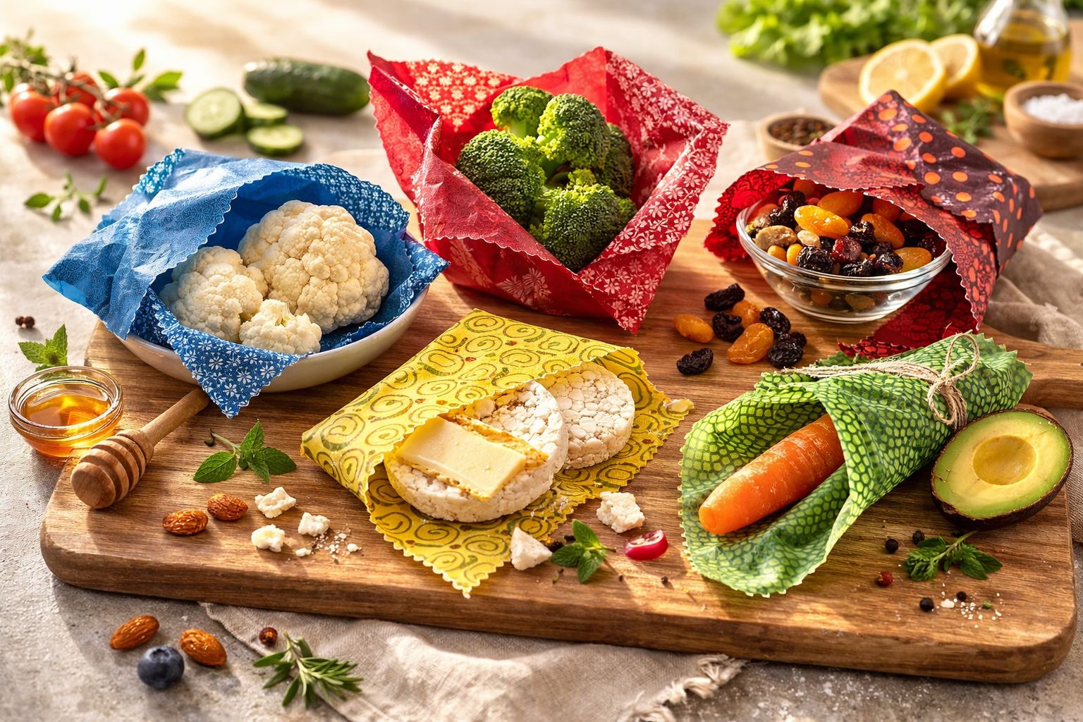 Beeswax wraps holding broccoli, cauliflower, rice cakes and trail mix on a wooden board