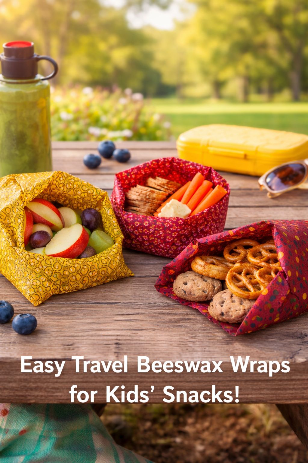 Colourful beeswax wraps holding fruit, crackers and cookies at a picnic