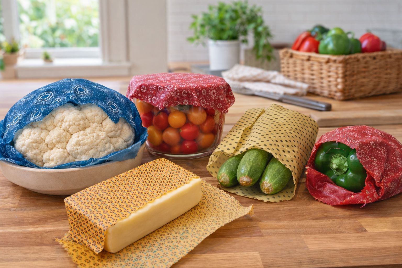 Beeswax food wraps covering cauliflower, tomatoes, cucumber and cheese on a kitchen counter