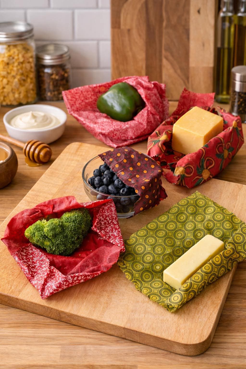 Three Moekie's beeswax food wraps in red floral print, holding avocado, blueberries and broccoli on a wooden cutting board